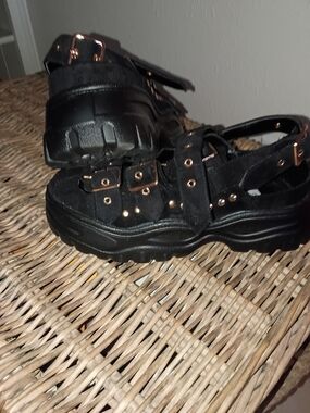 Chunky Black Platform Sandals with Rose Gold Hardware